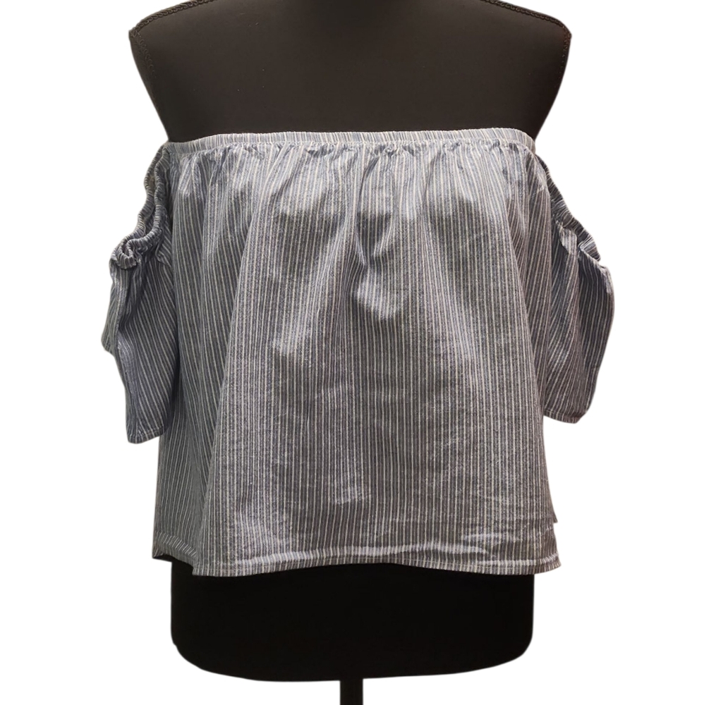 Shelly Blue and White Stripe Off The Shoulder Crop Top